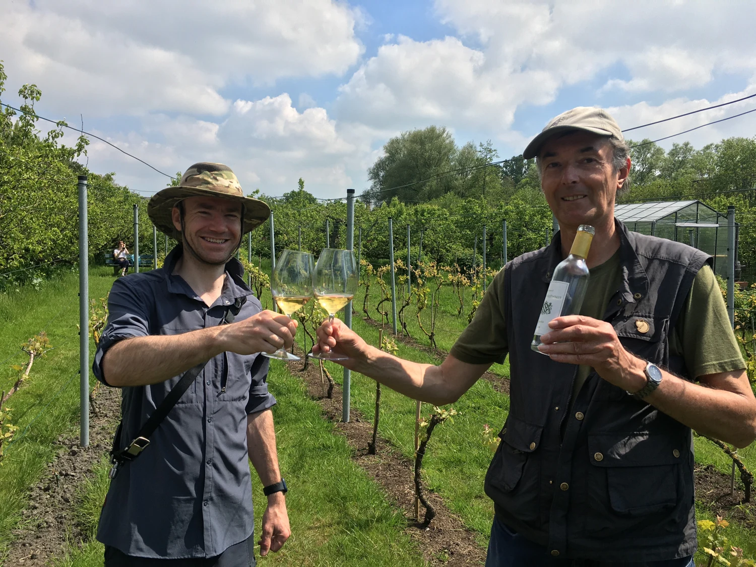 Samen een glas proeven tussen de druivenstokken van Hof van Seghwaert.